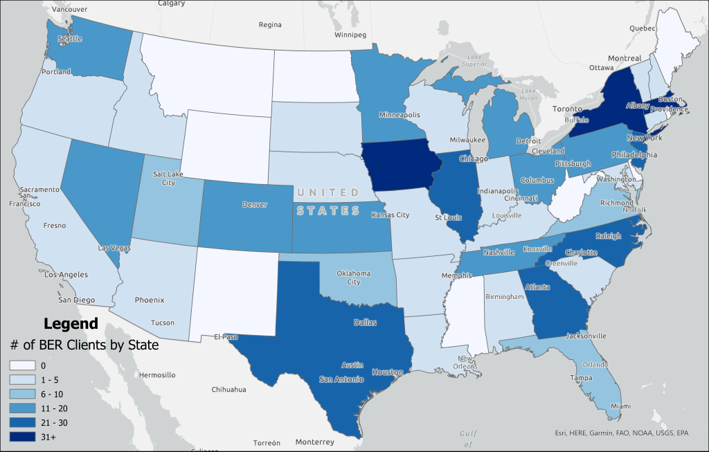 Infographic heat map showing the number of BER clients in each US state