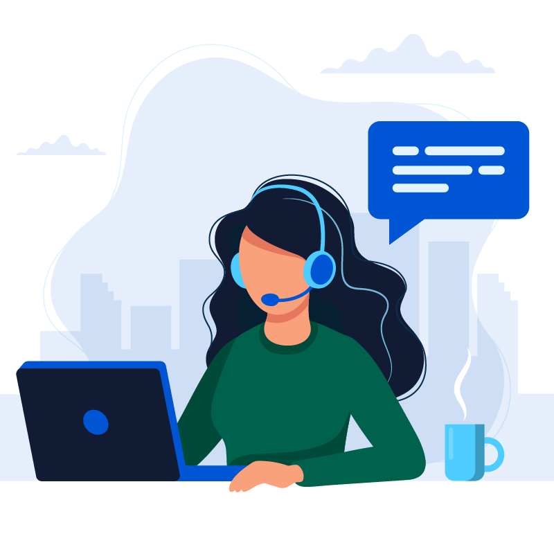 Illustration of a customer support associate wearing a headset and conversing with a customer.