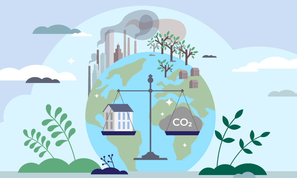 Illustration showing concept of balance between emissions and homes in the context of the whole earth.