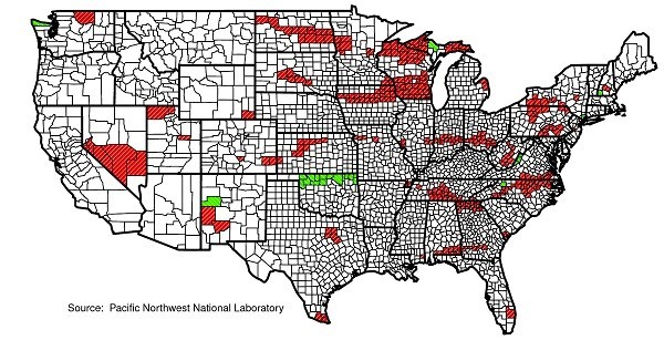 Map highlighting all counties that have been assigned a new climate zone.