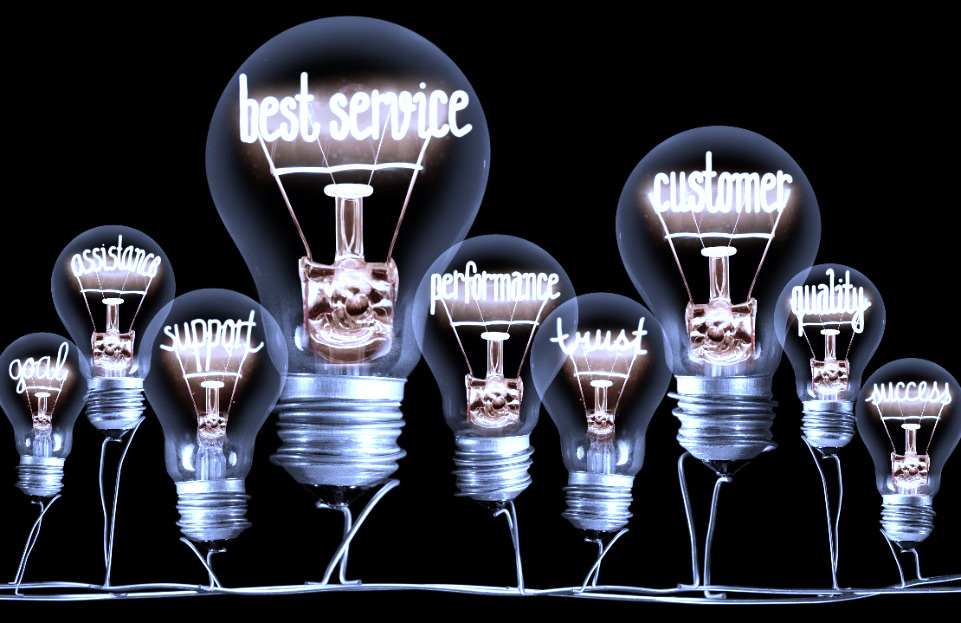 Photograph showing the concept of customer service principles. Lightbulbs with the filaments spell out the words: best service, customer, performance, goal, assistance, support, performance, trust, quality, and success.