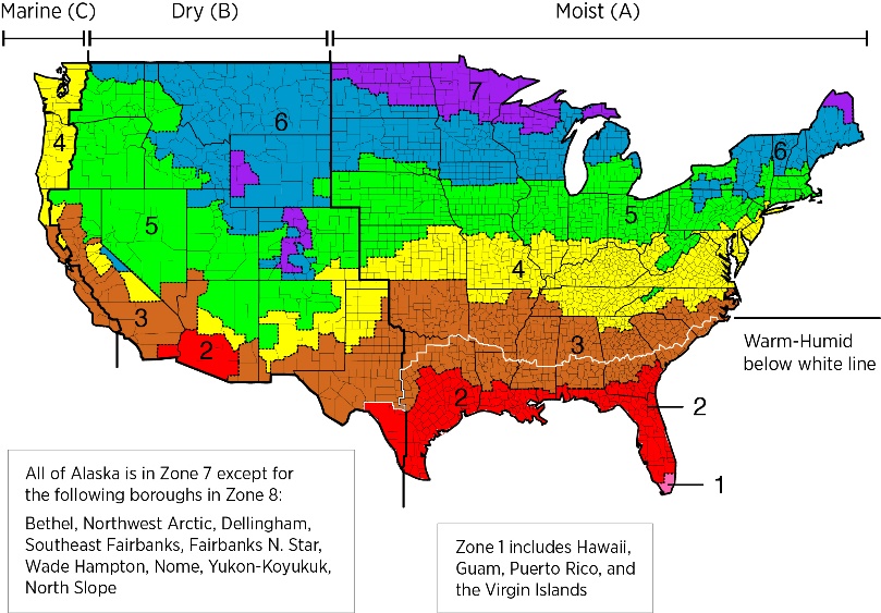 Map showing IECC climate zones color coded by county.