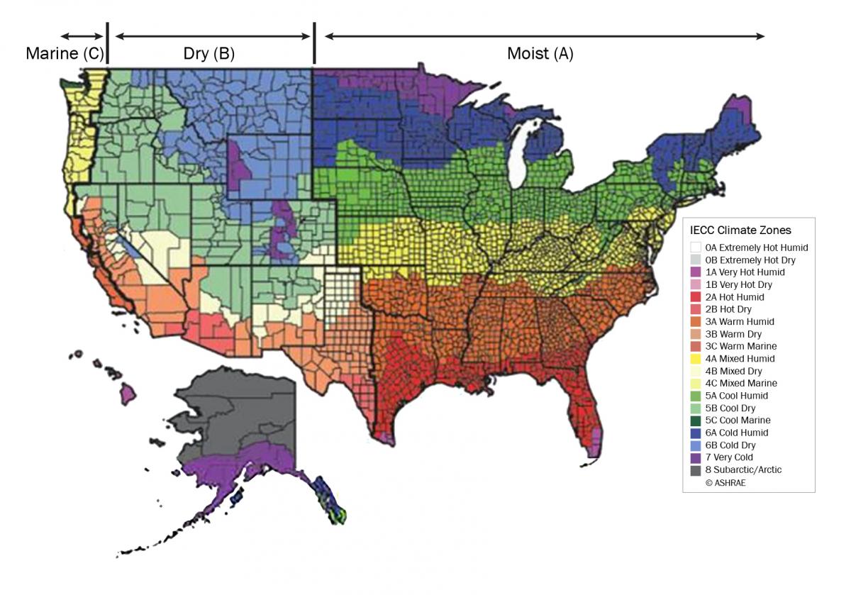 IECC climate zone map color coded by county, updated for 2021.