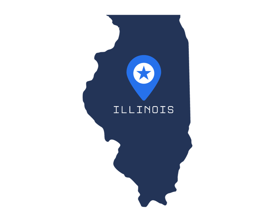 state of Illinois with a map marker placed above the state name