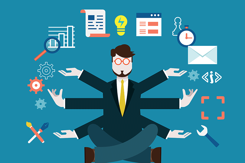 Illustration of a businessman successfully balancing many types of work.
