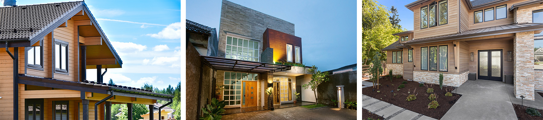 Collage of new homes made of natural and sustainable construction materials.